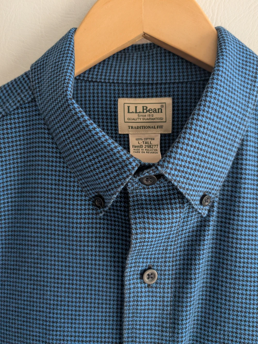 L.L. Bean Blue Black Houndstooth Cotton Flannel Button-Down Shirt - L Tall